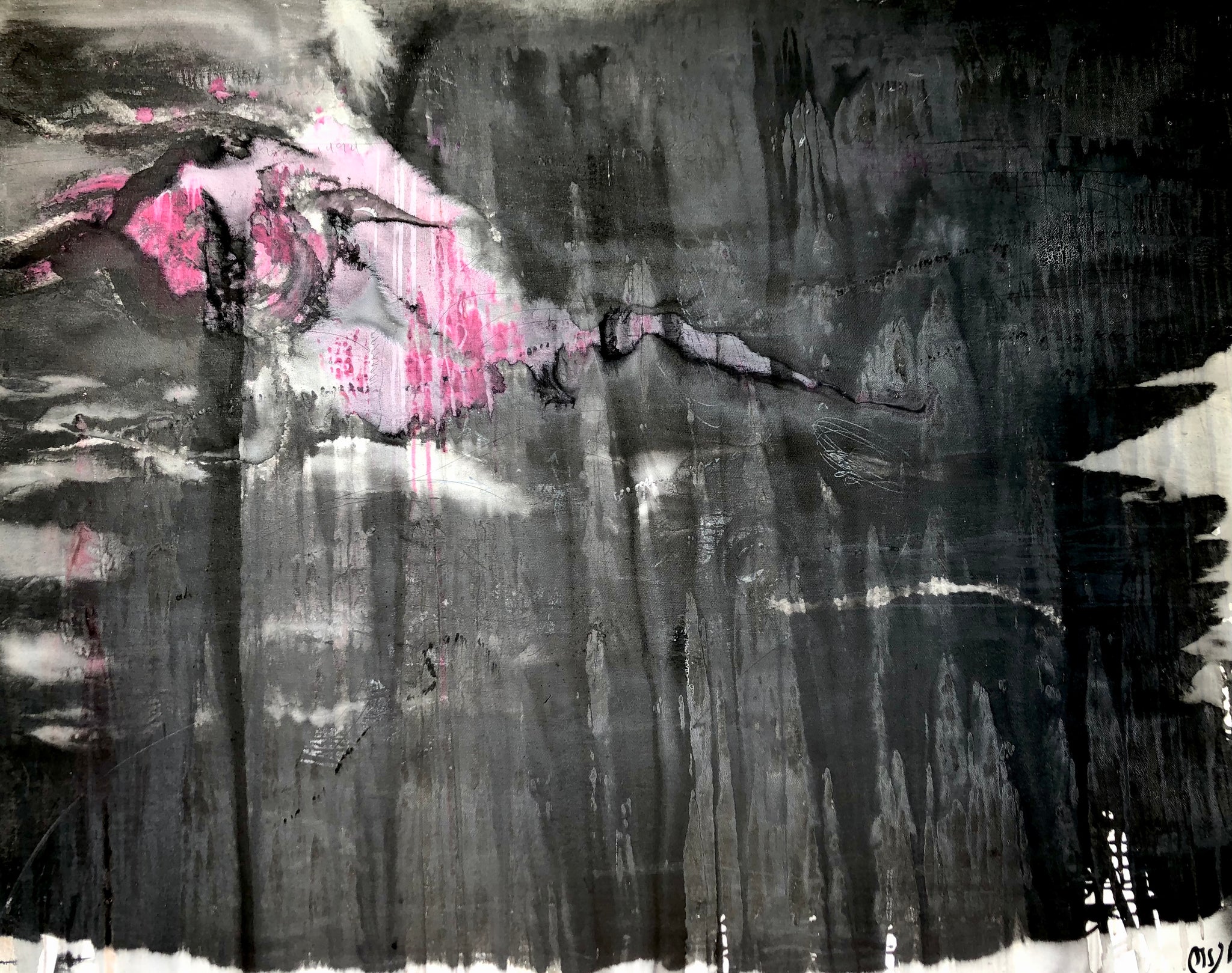 PINK STORM 1 Size 57,87inx44,88in by the french painter James Arax made in 2004.  BLACK STORM SERIE. THEMATIC Flowing Cloud