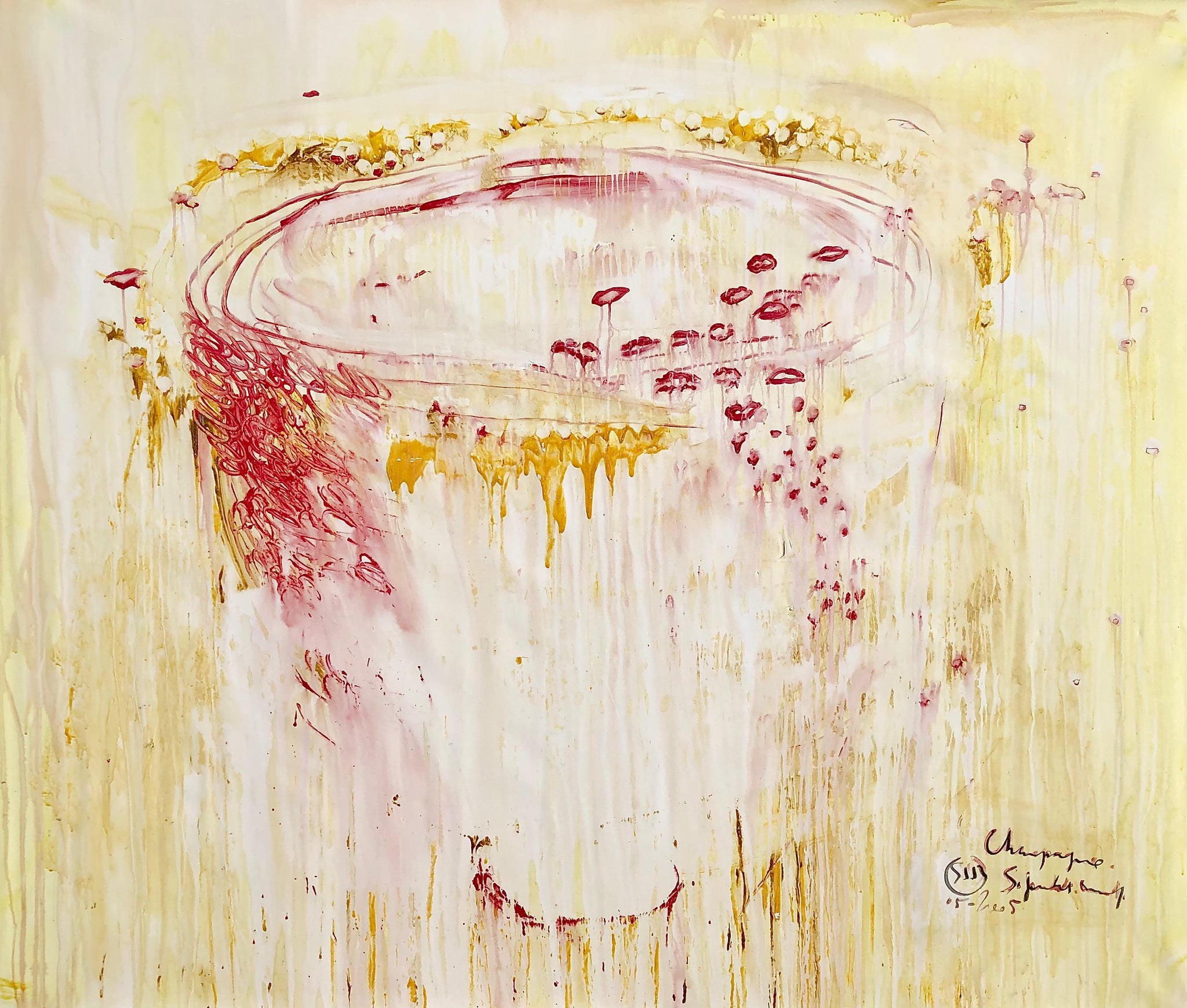 PPW5-CHAMPAGNE Size 78,70inx66,93in by the french painter James Arax made in 2005.James made this painting after an evening spent in the cellars of Pommy champagne, Reims France.