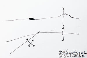Original ink on paper JA SIGNATURE N°2 by James Arax -in abstract style with thin ink lines - James Arax draws a body in profile in the upper part and a body in plan in the lower part of the card.