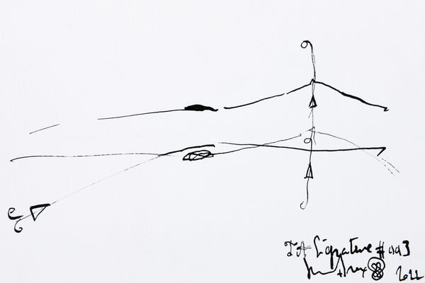Original ink on paper JA.SIGNATURE N°3 by James Arax -in abstract style with thin ink lines - James Arax draws a body in profile in the upper part and a body in plan in the lower part of the card.