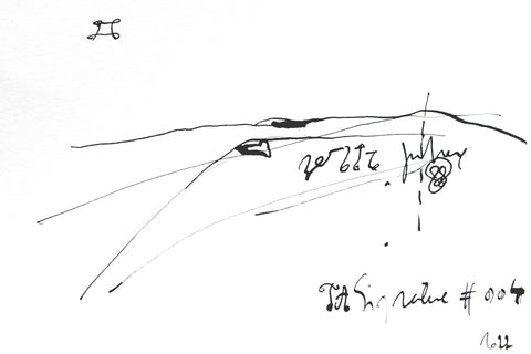 Original ink on paper JA.SIGNATURE N°4 by James Arax -in abstract style with thin ink lines - James Arax draws a body in profile in the upper part and a body in plan in the lower part of the card.
